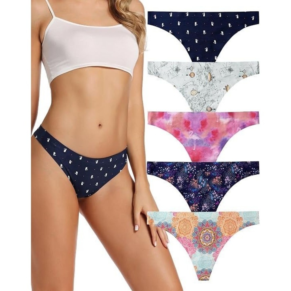 Voenxe Women's 5-Pack Seamless Thong Panties - Flamingos, Whales, + - Size M